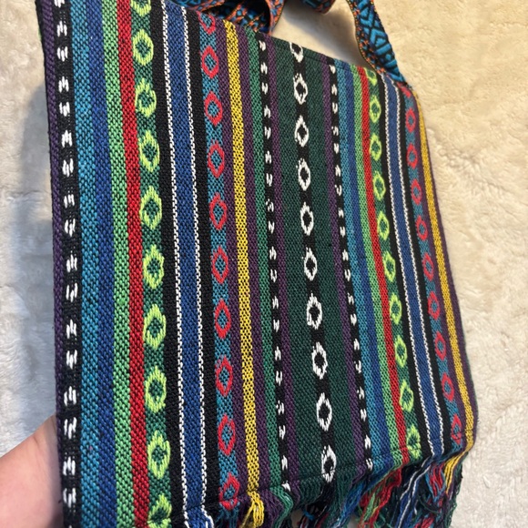 NEW Crossbody Bag Black Fabric Floral Embroidered Boho Wood Beads Fringe NWT - Picture 9 of 16